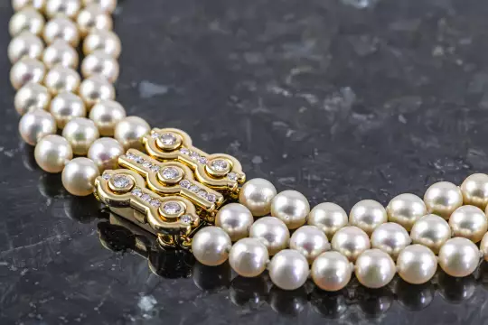 Pearl Necklace Three-row massive jewelry clasp yellow gold with 23 Diamonds photo 10