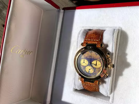 Cartier 30009 Pasha de Cartier Chronograph blue dial Full Set 1993 yellow gold photo 12