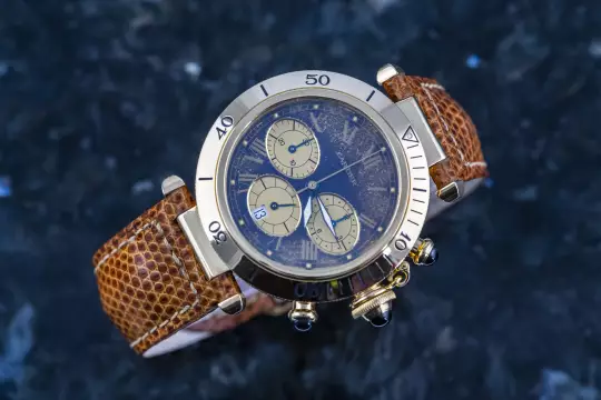 Cartier 30009 Pasha de Cartier Chronograph blue dial Full Set 1993 yellow gold photo 14